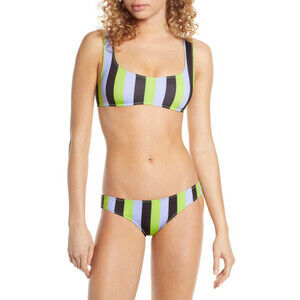 Solid & Striped Elle Bikini Bra In Lavender Lime Black Stripe Size L